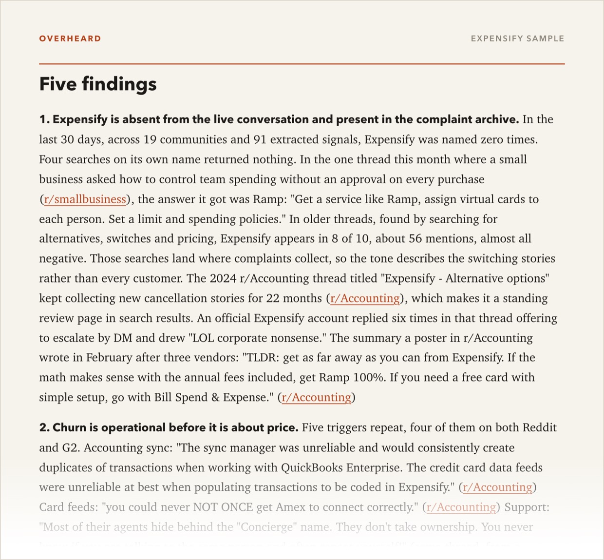 The Five findings section of the Expensify sample report, with linked quotes.